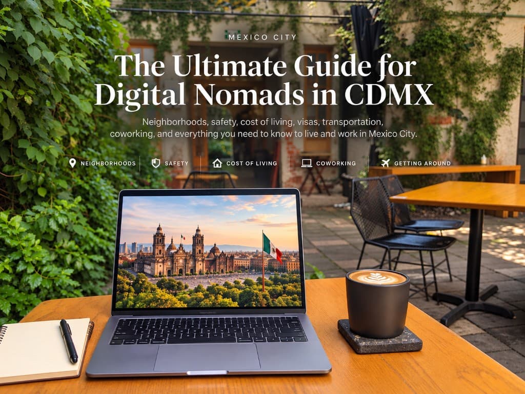 Laptop and coffee on a patio table in Mexico City